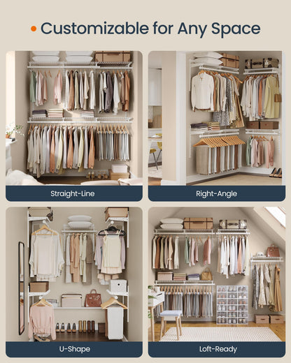 SONGMICS HOME Closet System, Closet Insert Organizer, 4-6 ft, Adjustable Metal Shelving Unit with 6 Hanging Rods, 6 Shelves, and Hooks, for Pantry Mudroom Garage Basement, Cloud White URGR032W01
