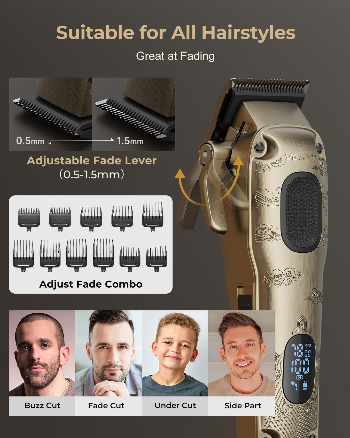 Vgrpro Hair Clippers Men Professional, Mens Clippers and Trimmers Set, USB Rechargeable Cordless Hair Clippers for Hair Cutting, Electric T-Blade Hair Trimmer for Men with Package Box (Gloden)