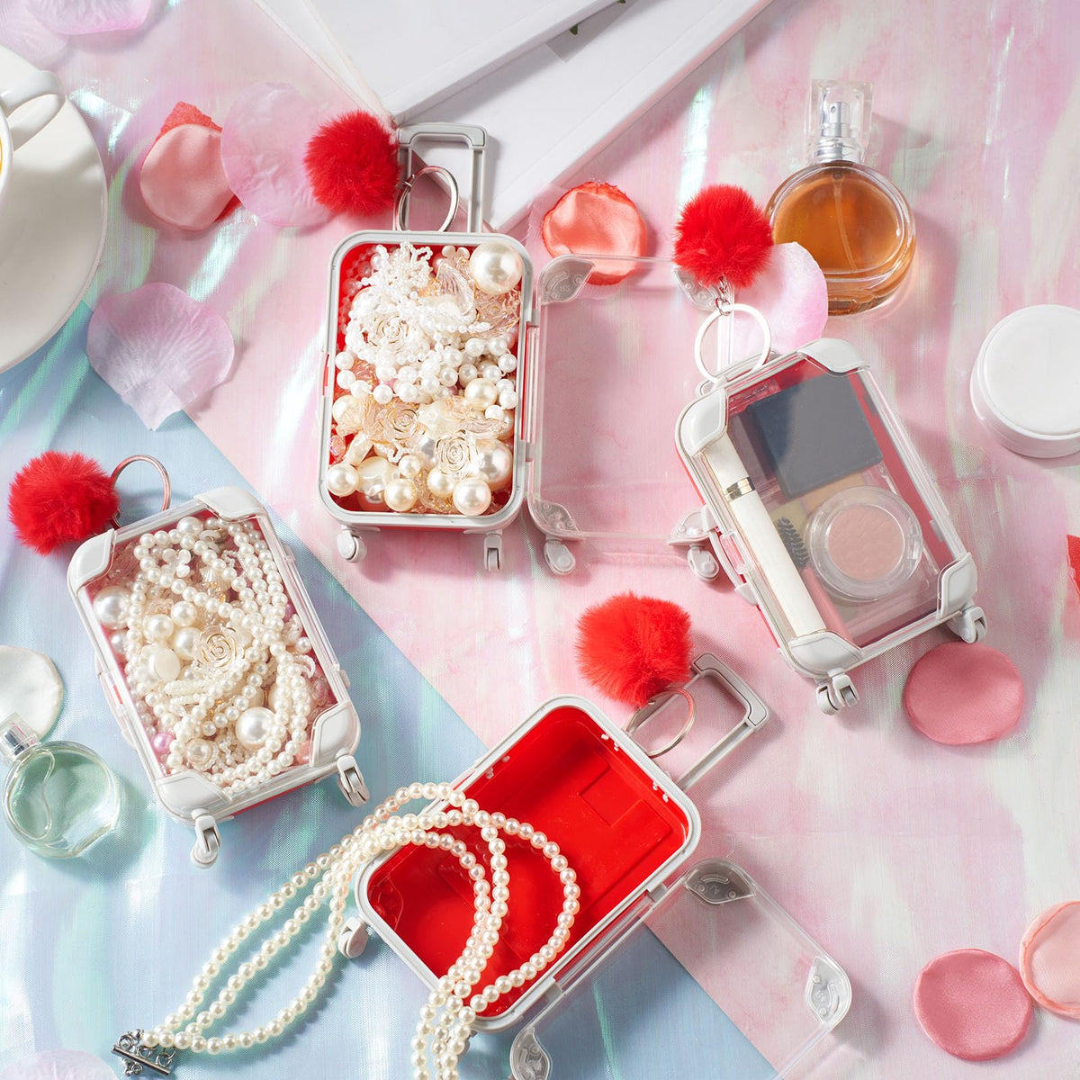 VioraWhite 20 Pcs Mini Suitcase Empty Storage Box and Plush Ball Keychain Candy Luggage Containers Packaging Case for Bridal Shower Baby Shower Party Favors Travel Gifts (Red)
