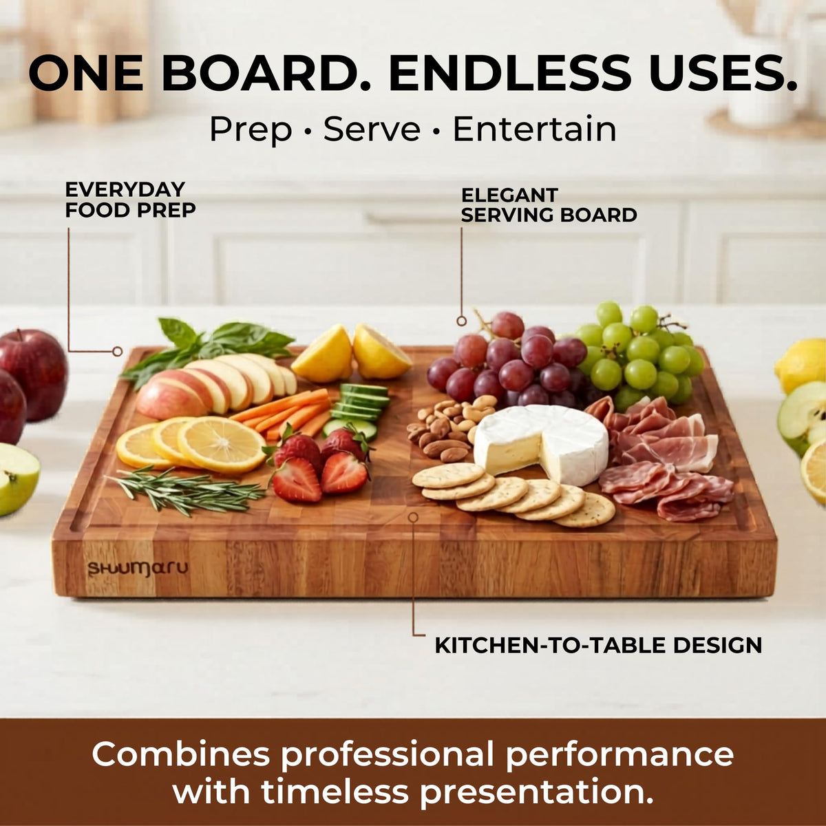 SHUMARU End-Grain Mahogany Cutting Board, 17×13×1.6" Thick Butcher Block with Juice Groove, Knife-Friendly Wood Chopping Block, Non-Slip Rubber Feet, Hand Grips, Heavy-Duty Prep & Serving Board