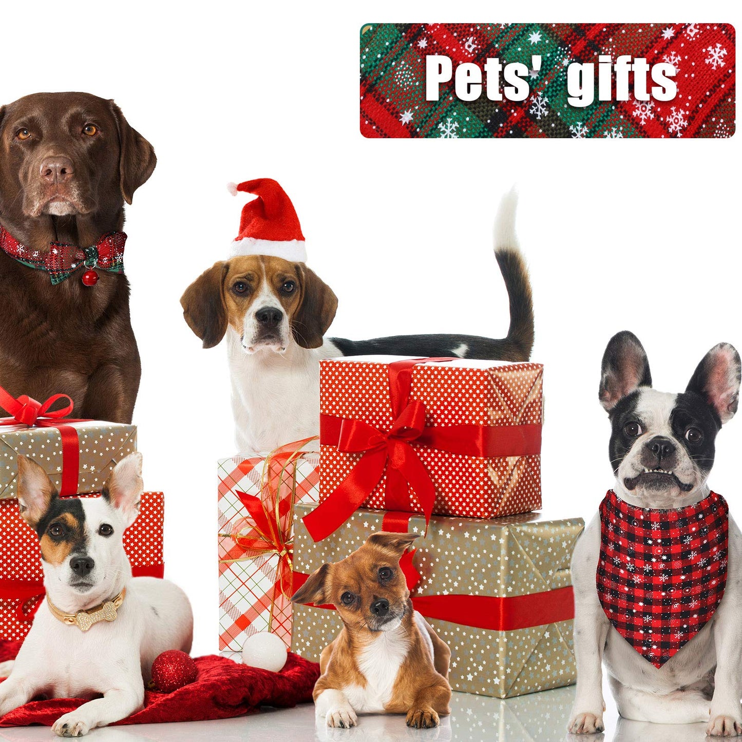 4 Pieces Christmas Dog Bandanas and Collars Set Xmas Christmas Classic Plaid Dog Neck Tie Triangle Bib Scarf Kerchief Adjustable PET Bow Tie with Safety Bell Costume for Cat(L,Stylish Style)