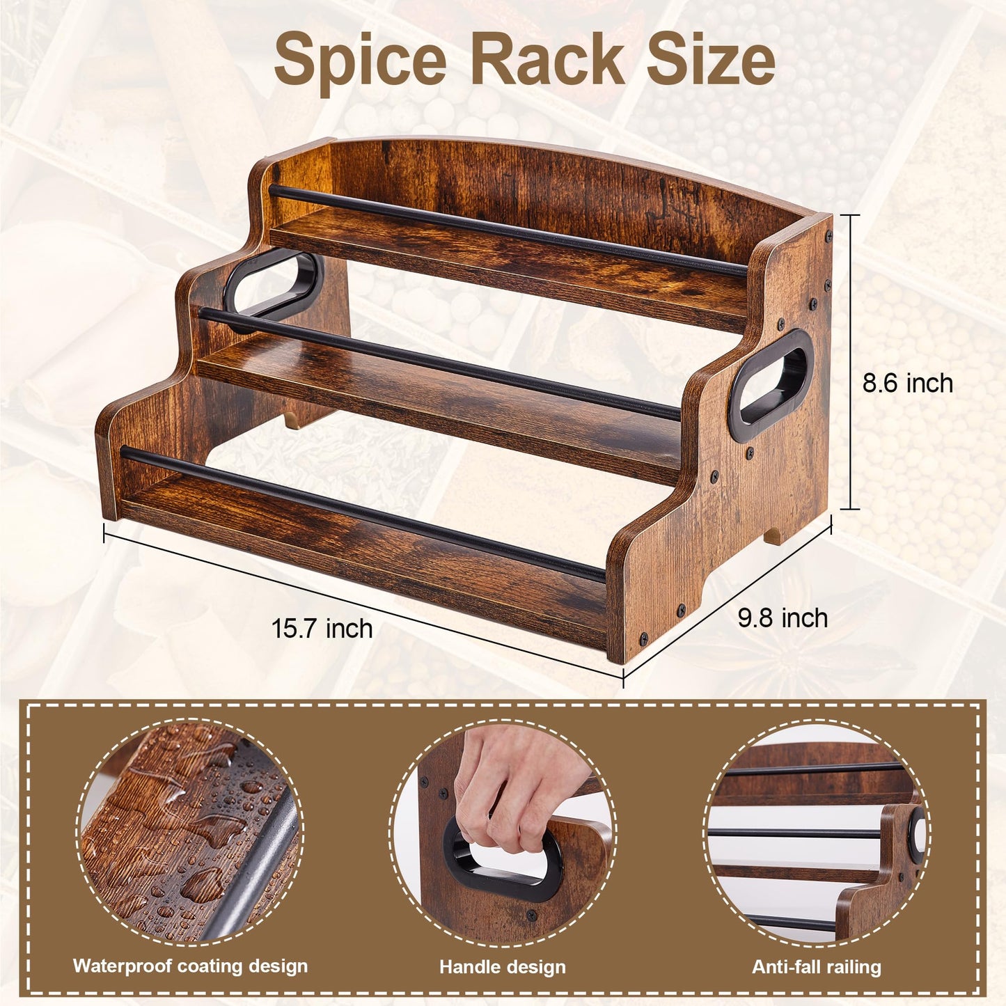 Aminigram Wood Spice Rack Organizer for Cabinet, 3 Tier Spice Shelf Storage, Kitchen Seasoning Organizer for Spice Bottles, Jars, Seasonings, Baking Supplies