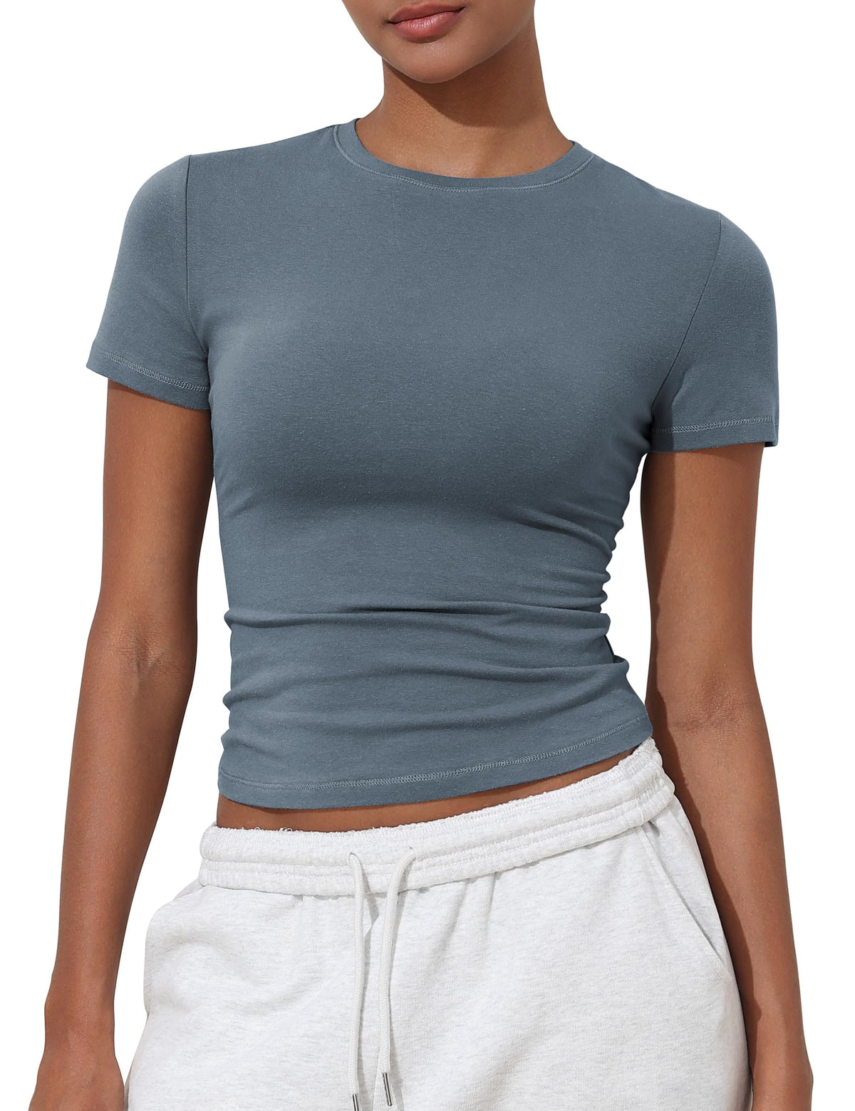 PrettyGuide Womens Short Sleeve Fitted T Shirt Crew Neck Going Out Cute Baby Tees Summer Basic Tee Kyanite L