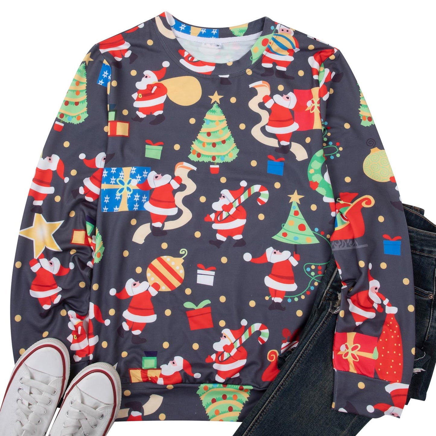 MOUSYA Christmas Sweatshirt Women Funny Ugly Christmas Pullover Shirt Xmas Holiday Santa Prints Long Sleeve Tops Grey