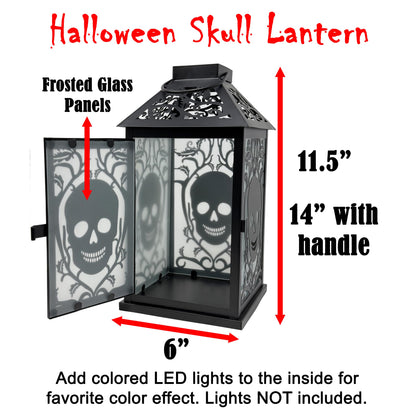 VELA LANTERNS 11.5" Halloween Skull Candle Lantern - Decorative Spooky Tabletop Light for Haunted House, Gothic Home, Front Porch & Party Decor, Metal with Frosted Glass (Candle NOT Included)