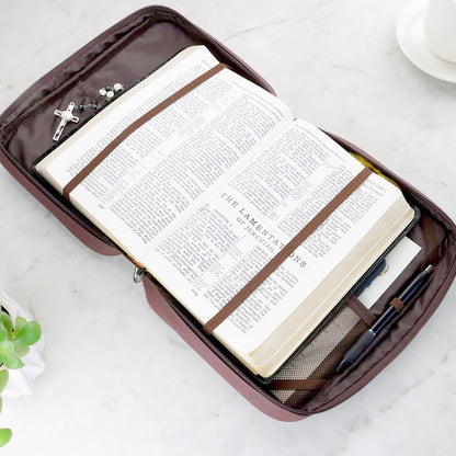 Bible Cover Dark Brown Vegan Leather with Scripture Verse Durable Bible Case with Elastic Page Holders Zipper Pocket Multiple Storage Options for Pens Notepad