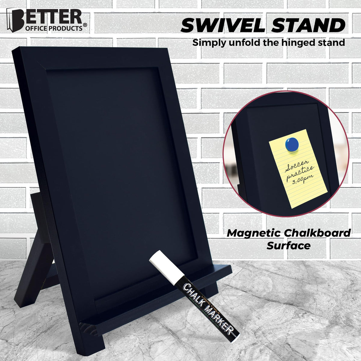 Framed Tabletop Chalkboard Sign, 9.5" x 14", Rustic Wood Frame, Small Magnetic Chalkboard with Built-in Ledge, Folding Stand, & One White Chalk Marker, by Better Office Products (Solid Black)