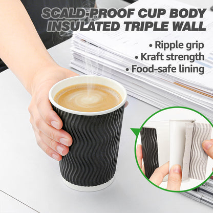NUPANT 12oz -50 Pack Disposable Coffee Cups with Lids Insulated Corrugated Paper Cups Kraft Ripple Wall Paper Coffee Cups to Go for Hot/Cold Drinks, Disposable Cups for Home Office Party Cafe(Black)