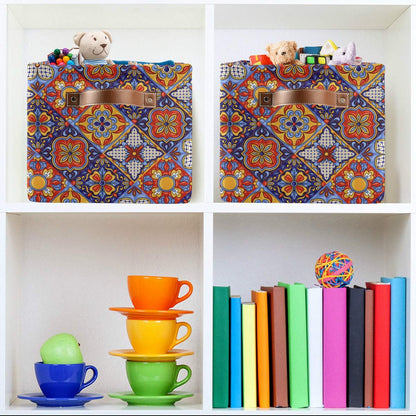 KEEPREAL Foldable Storage Baskets, Mexican Ceramic Tile Pattern Storage Bins with Handles, Decorative Cloth Organizer Storage Boxes for Home|Office 15 x 11 x 9.5 in
