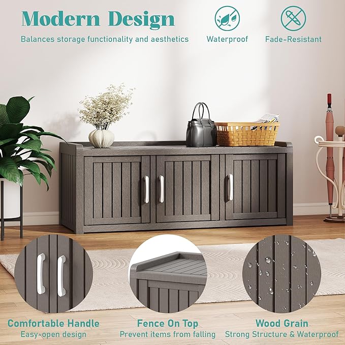 2-Tier Storage Bench, Waterproof UV-Resistant Outdoor Shoe Storage Cabinet with 3 Doors & Adjustable Shelves for Indoor Outdoor Entryway, Hallway, Living Room (Grey)