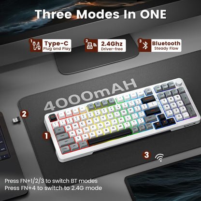 Redragon Wireless Mechanical Keyboard, 3 Mode Gasket Mounted RGB Gaming Keyboard with Volume Knob, Pre-Lubed Linear Switches, MDA-Profile, 98 Keys Hot Swappable Creamy Keyboard for PC/Tablet/Xbox/PS4