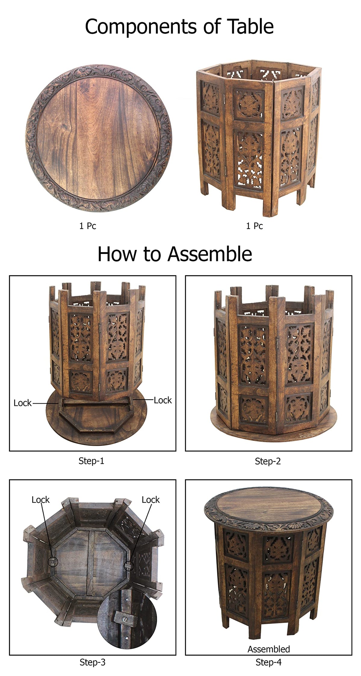 Solid Wood Accent End Table - Hand Carved Vintage Boho Folding Side Table - Small Spaces Entryway Farmhouse Living Room Bedside - No Tools Assembly -18x18 Round - Jaipur Antique Brown -Cotton Craft