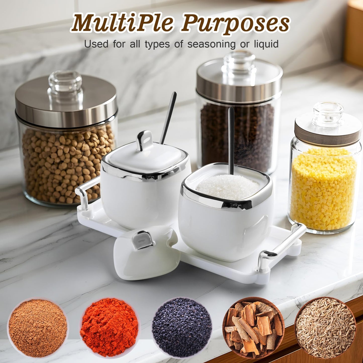 EABOSON Ceramic Sugar Bowl 2 Pack, Porcelain Seasoning Jar with Tray, Spoon and Lid for Sugar, Pepper, Coffee, Spice, Salt (silver)