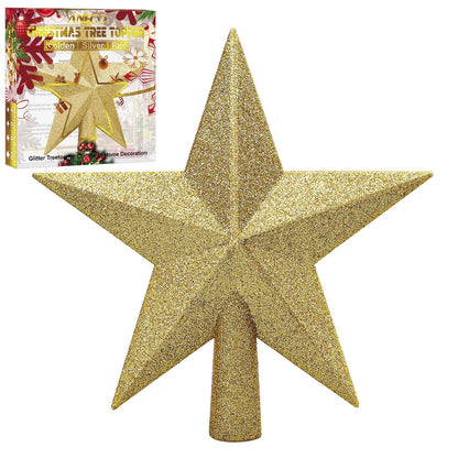 Aneco Gold Glitter Mini Christmas Tree Topper Shatter-Proof 6 Inch Christmas Tree Decoration Treetop for Holiday Ornament or Home Decor