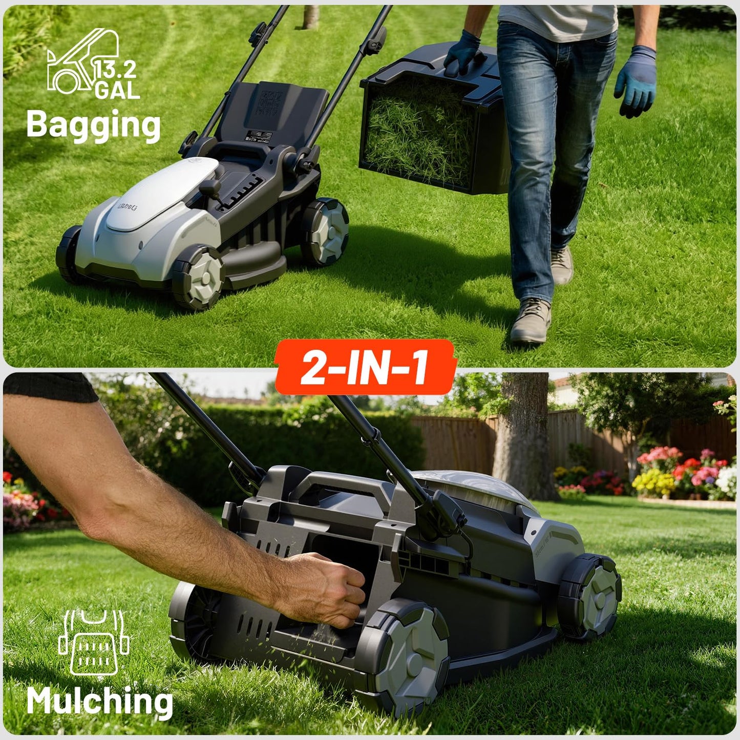 Litheli Electric Lawn Mower Cordless,Grass Cutter Machine for 3200 Sq. Ft, Brushless Motor, 16 in Cutting Width, 6 Level Cutting Height, 2 * 5.0 Ah Batteries and Charger, 2-in-1 Mulch/Bag