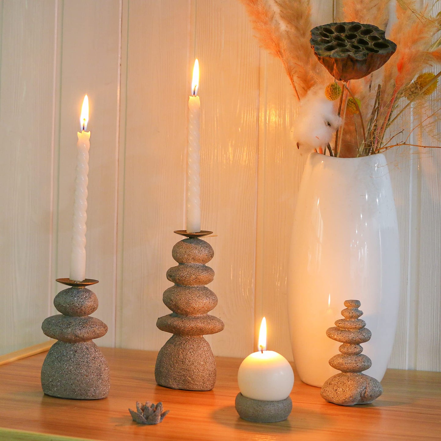 Rock Cairns Candle Holder - Taper Pillar Candle Stick Holder Set of 5 - Balance Stones Candlestick Holders Candlelight Stand for Zen Garden, Altar, Mantle, Yoga, Home Decoration, Meditation Gift