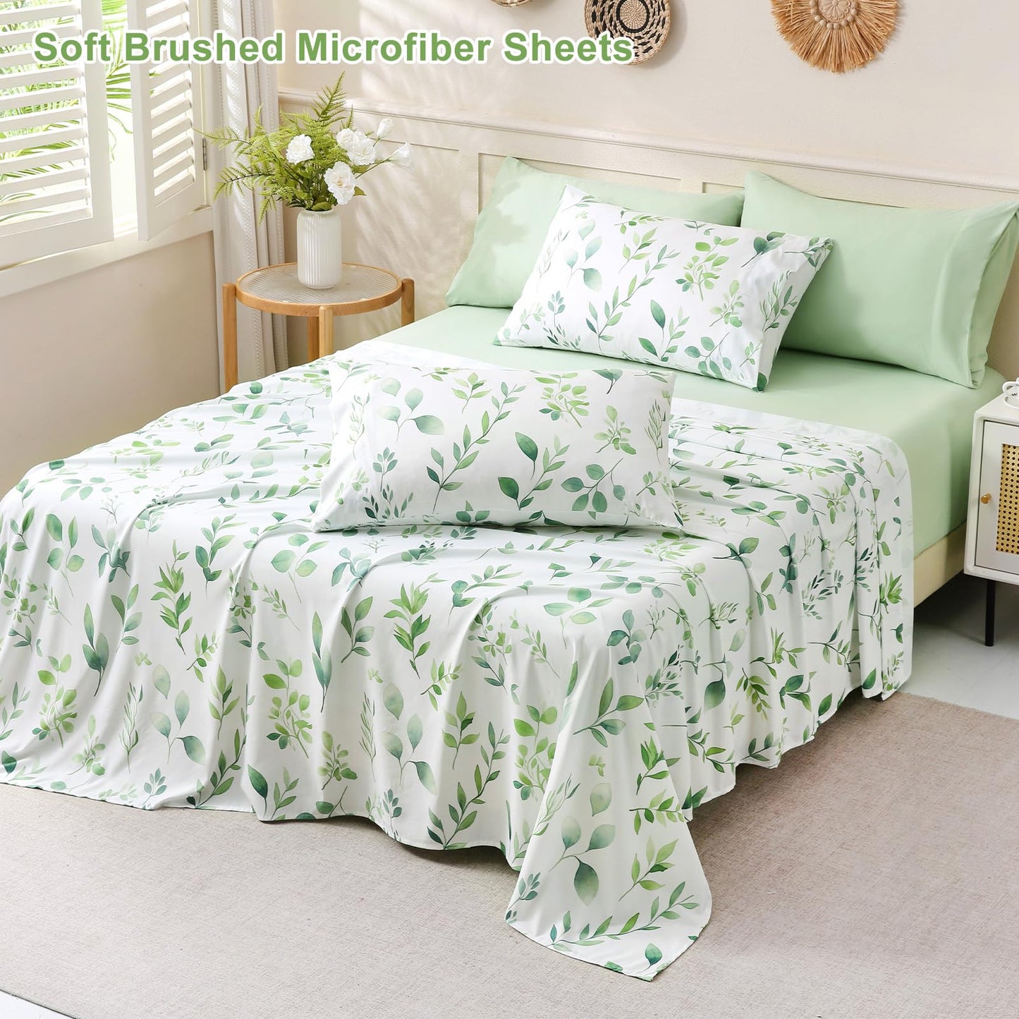 Botanical 6-Piece King Size Sheets Set, Boho Floral Print Brushed Microfiber Sheets, Cooling Bed Sheet Set, Ultra Soft & Breathable, 16' Deep Pocket Fitted Sheet & Pillowcase Set, Sage Green Leaves