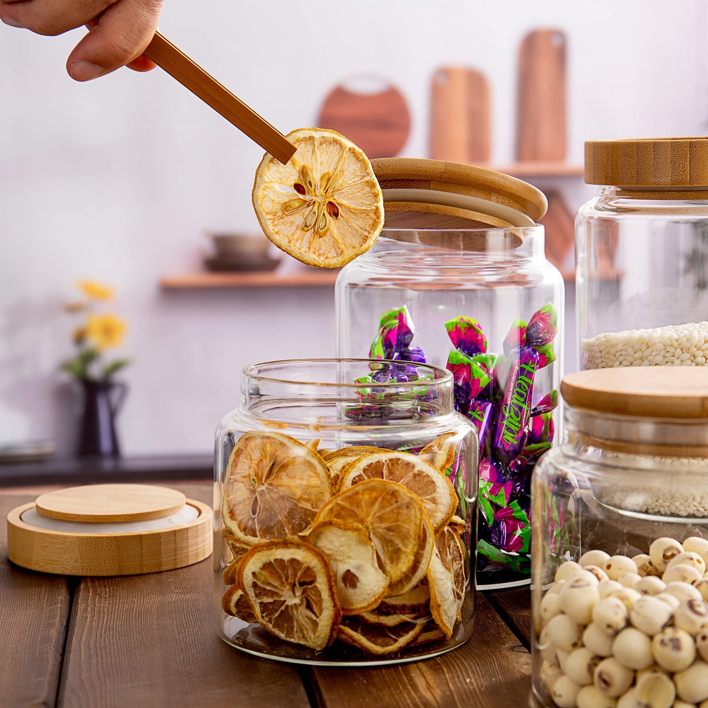 MOLADRI 900ML/30Oz Clear Cute Glass Storage Canister Holder with Airtight Bamboo Lid, Modern Decorative Medium Container Jar for Coffee, Spice, Candy, Salt, Cookie, Condiment, Pepper, Sugar