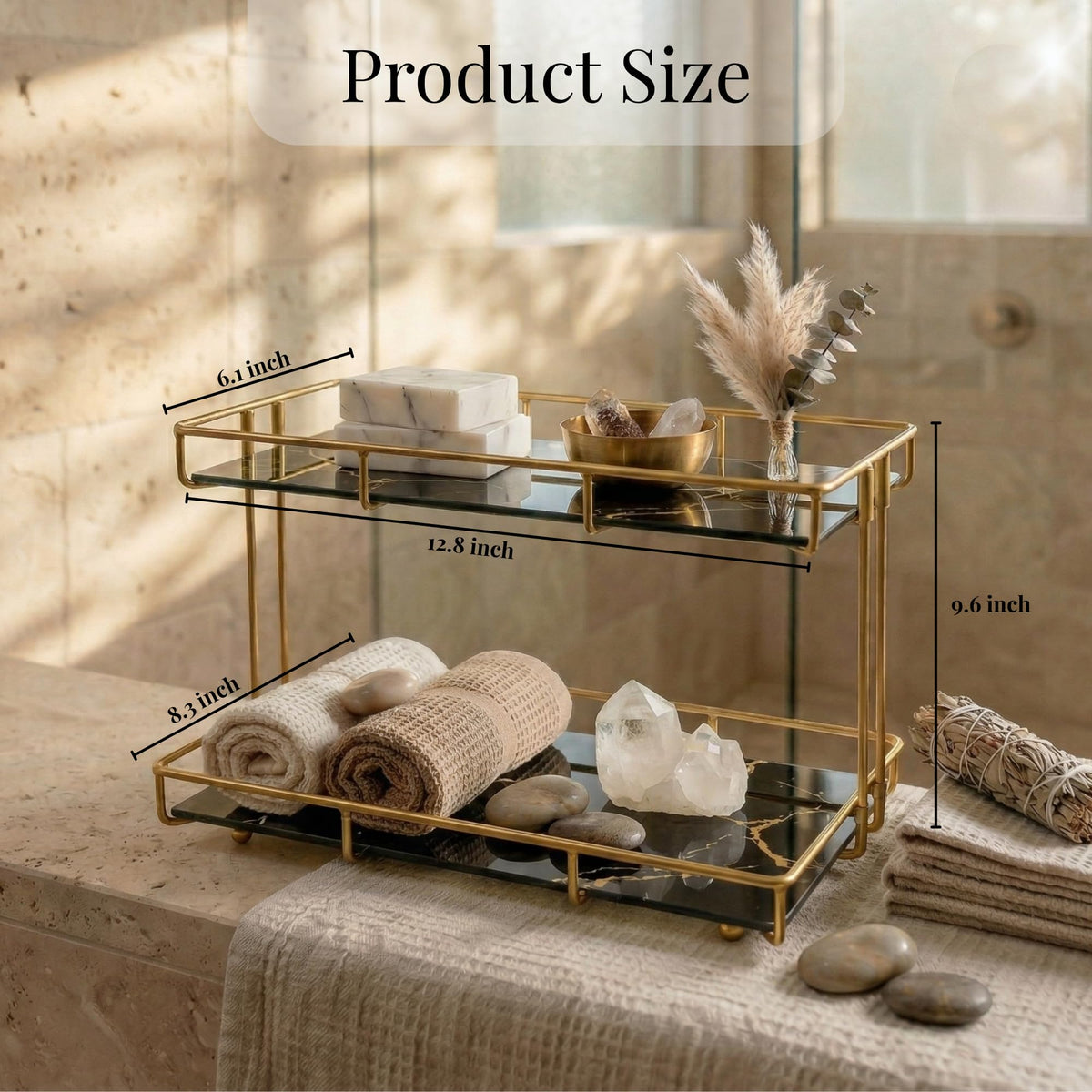 Léazora 2-Tier Black Marble Bathroom Countertop Organizer – Glass Shelves & Gold Metal Frame, Stylish Vanity Storage Shelf for Perfume, Skincare, Makeup & Toiletries