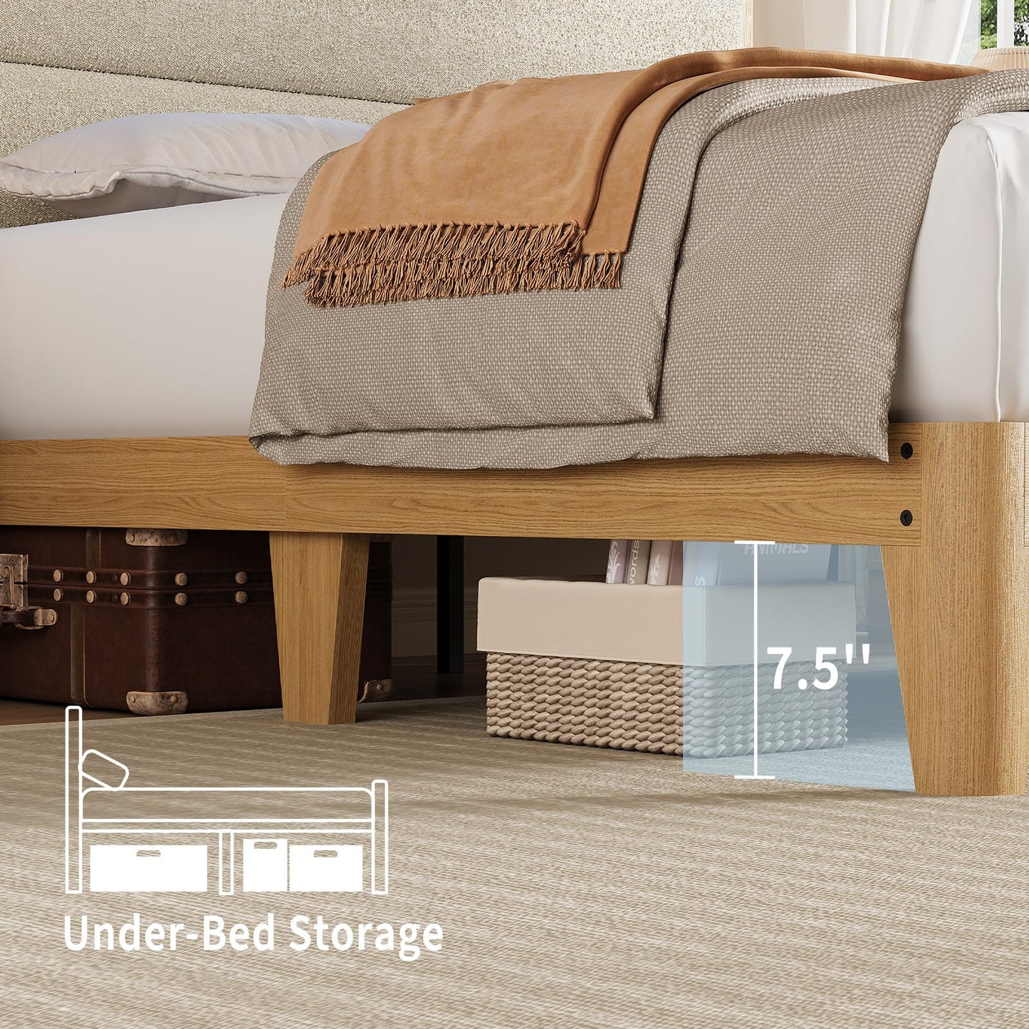 GAOMON Full Size Upholstered Platform Bed Frame with RGB LED Lights, Storage Headboard & Charging Station, Under Bed Storage, No Box Spring Needed, Cream
