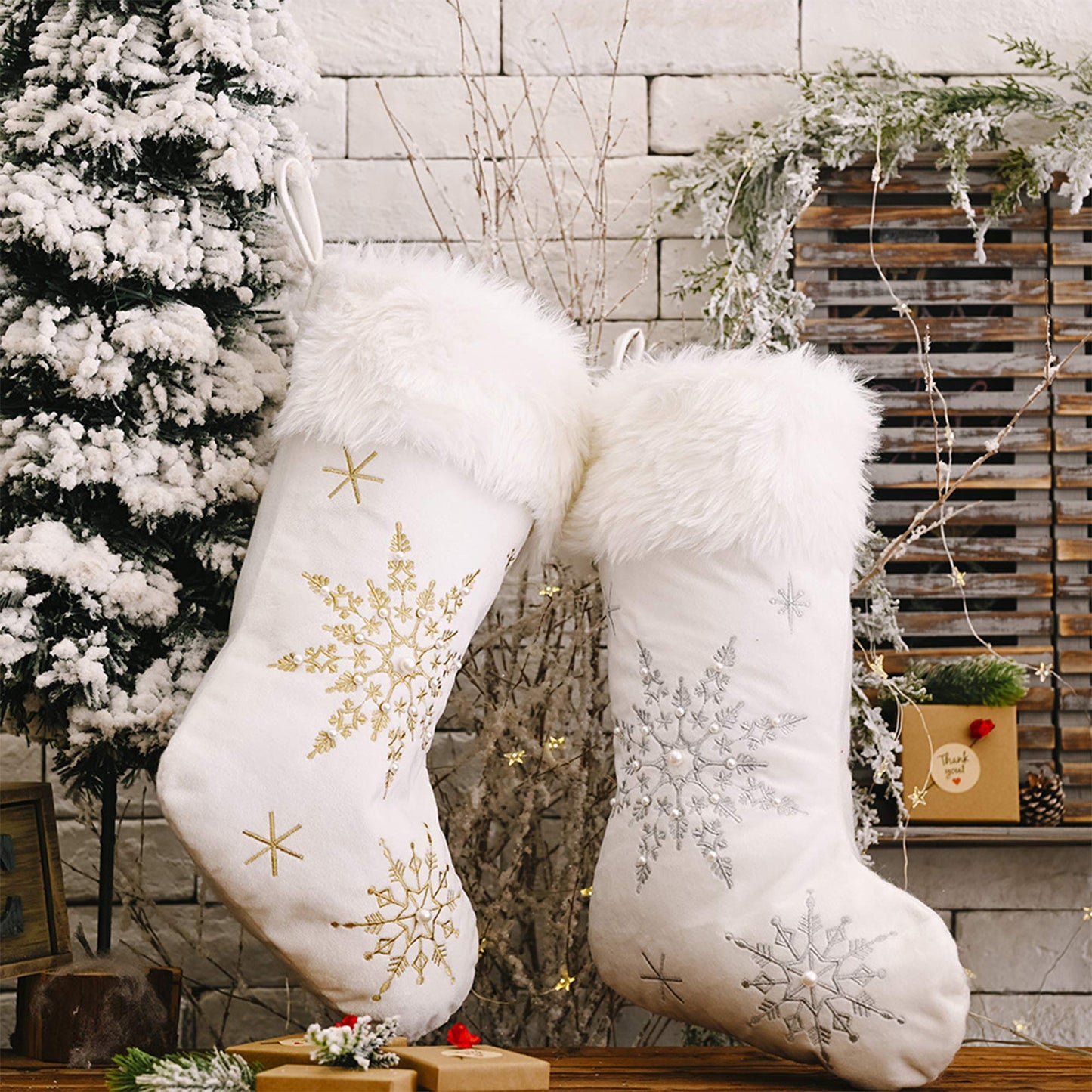 Dehinyen White Christmas Stockings 2 Pack, Family Stockings Christmas 18” Large Christmas Stockings with Plush Faux Fur Cuff (Silver/Gold Snowflake Embroidery) Giant Xmas Stockings Hanging Stockings