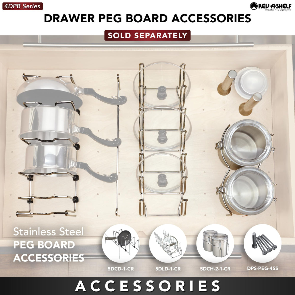 Rev-A-Shelf Trimmable Pegboard Drawer Divider Organizer, Trim to Custom Fit Wooden Kitchen Cabinet Storage Utensil, Pots & Dish Rack, 30" x 21", 4DPS-3021