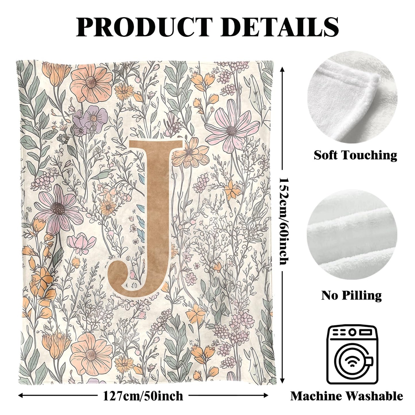 JXREQ Throw Blanket Initial Letter J Personalized Monogrammed Gifts for Women Teen Girls Frends, Boho Floral Throw Blankets for Bed Sofa Living Room Office, 50x60 Inch