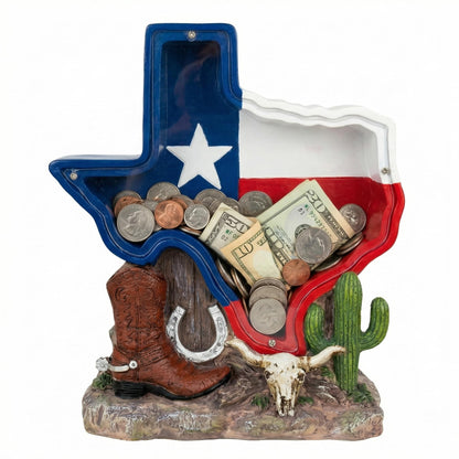 Texas Souvenir, Texas Piggy Bank - Texas State Design with Cowboy Boot, Horse Shoe & Cactus Western Decor for Desk & Home, Texas Gifts for Man or Woman.