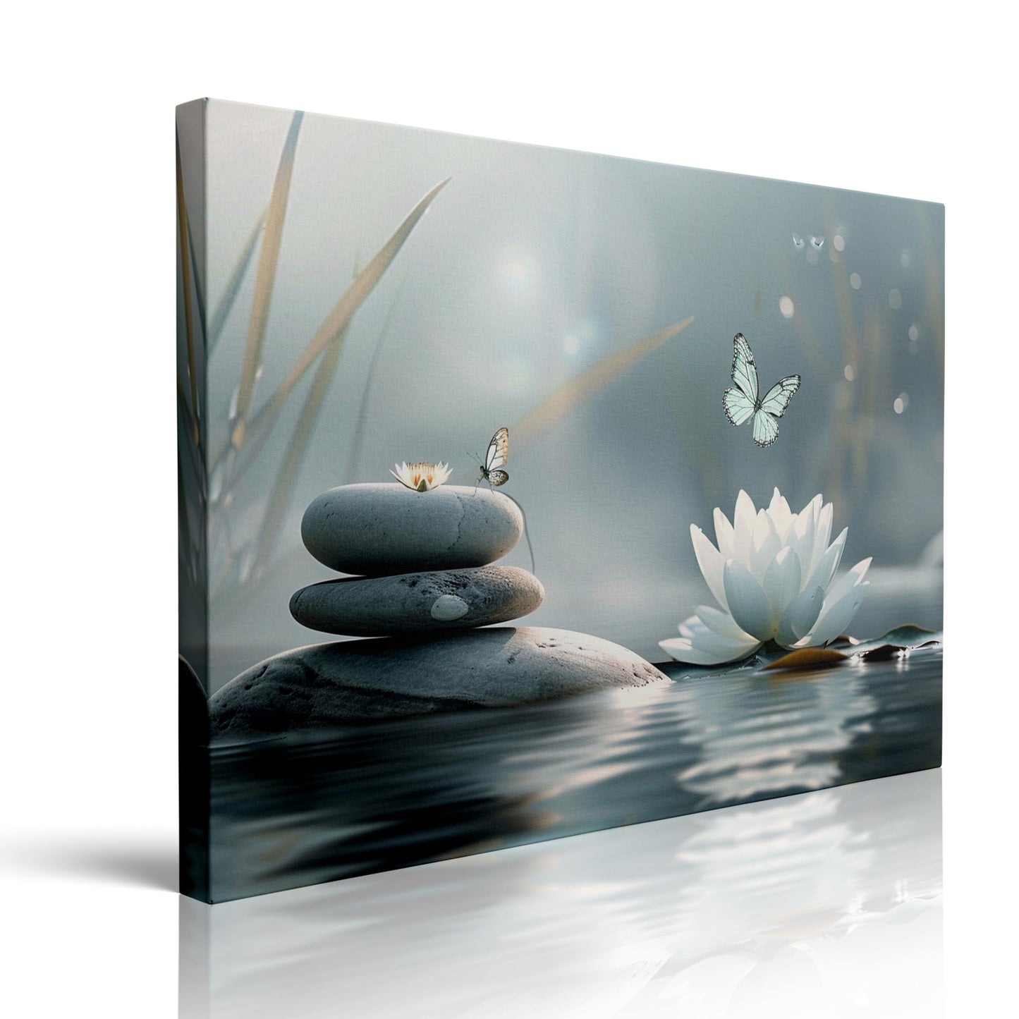 Zen Lotus Flower with Stones and Butterflies Canvas Wall Art Framed Serene Painting Prints Posters Artwork for Meditation Room Wall Decor Calming Spiritual Bathroom Art 12x16 Inches