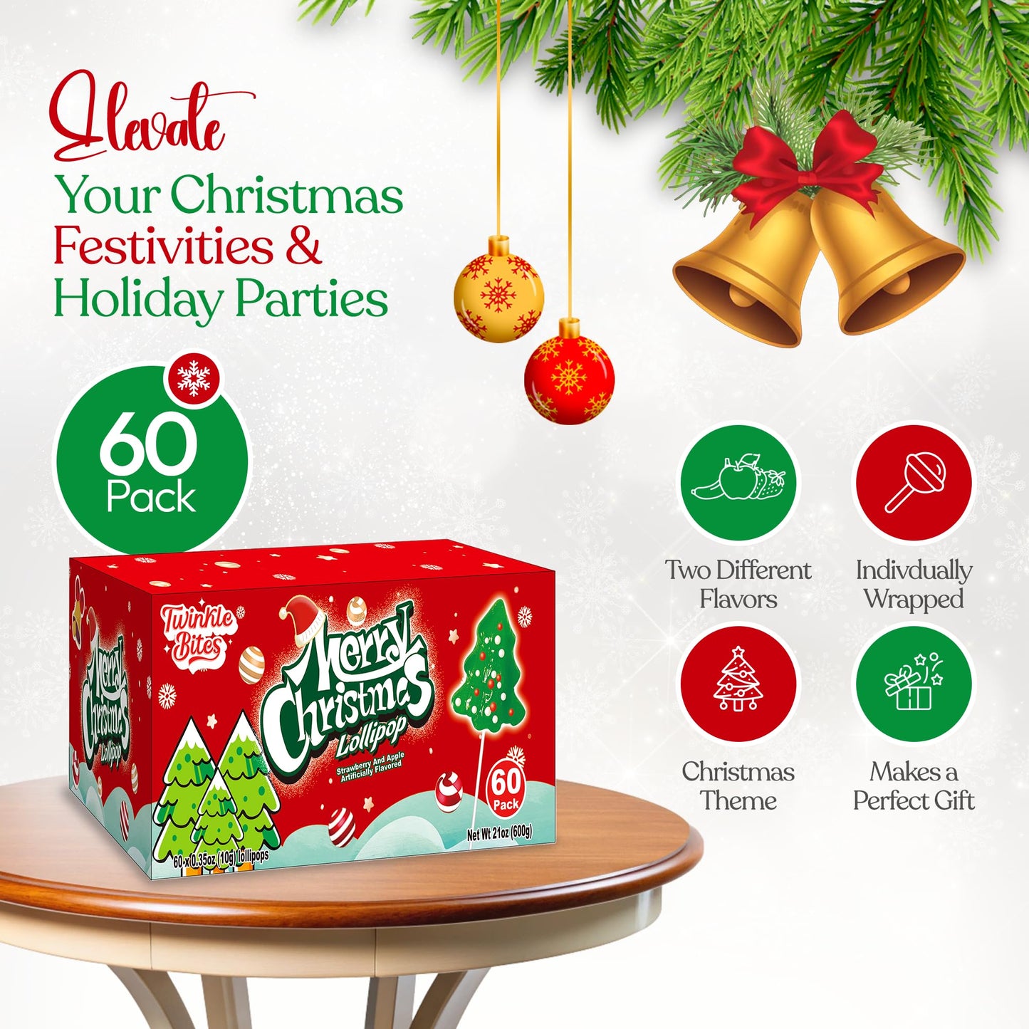 60 Pack Christmas Lollipops - Individually Wrapped Christmas Holiday Themed Hat And Tree Lollipops - Colorful Red & Green Designs & Delicious Flavor -Bulk Candy Use For Stocking Stuffers, Party Favor, Classroom & Office Treats, Candy Jar Fillers