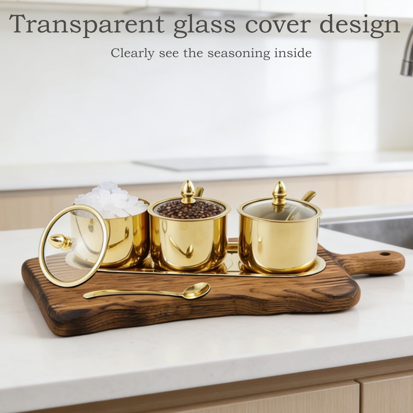 HMDIUM Sugar Bowl Set - 3 Grid Condiment Jars with Glass Lids & Spoon Stainless Steel Canisters with Tray for Sugar, Spice, Salt - Stylish Kitchen Storage Containers