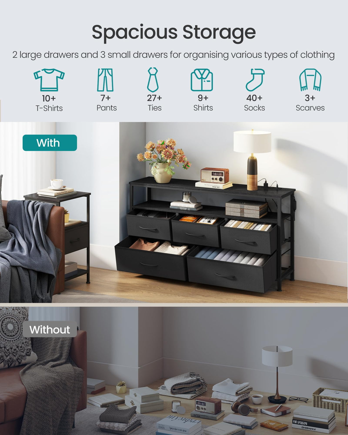 SONGMICS BELLAH Collection - Dresser for Bedroom with App-Controlled LED Lights and Charging Station, Chest of Drawers, TV Stand, 5 Drawers, Shelf, Modern, Ink Black ULGS723BH02S