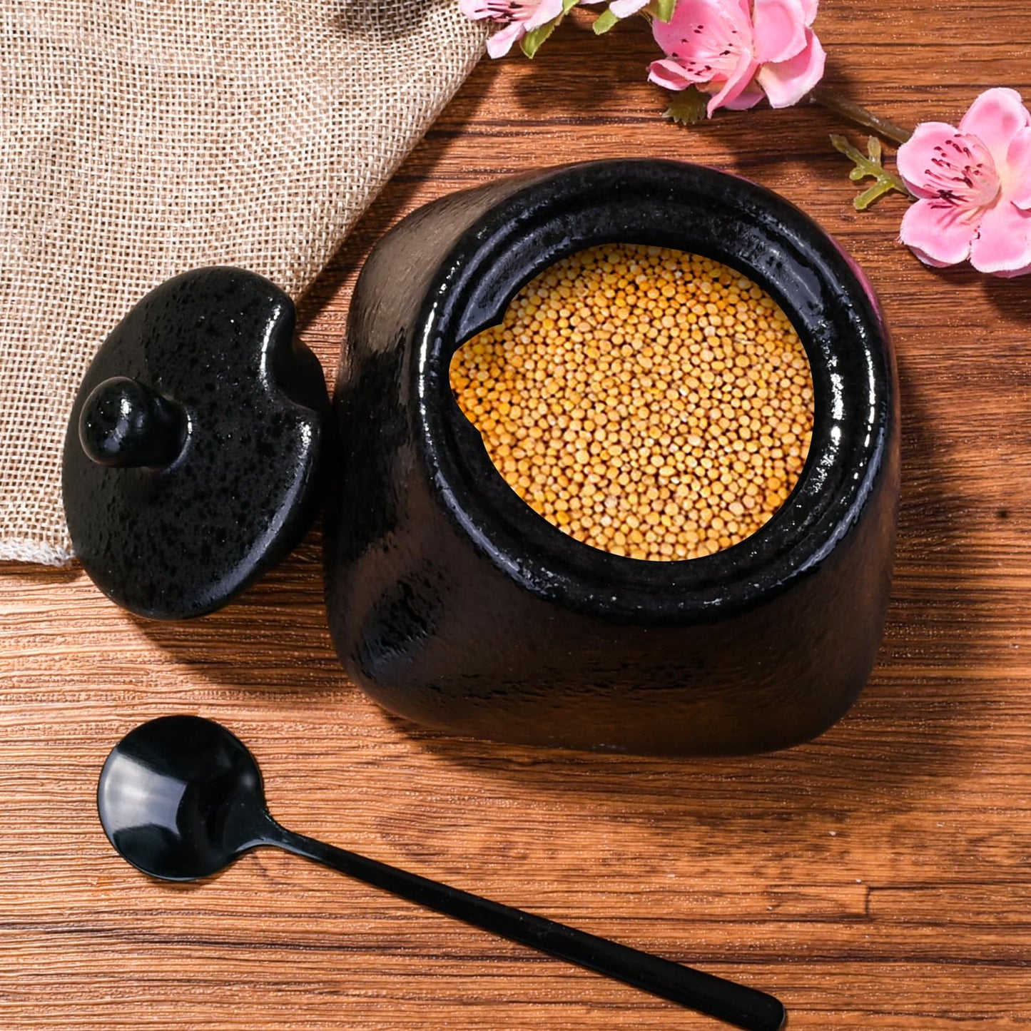 BOSILI Japanese Black Sugar Bowls with Lid Ceramic Salt Container with Stainless Steel Spoon for Sugar Pepper Spices