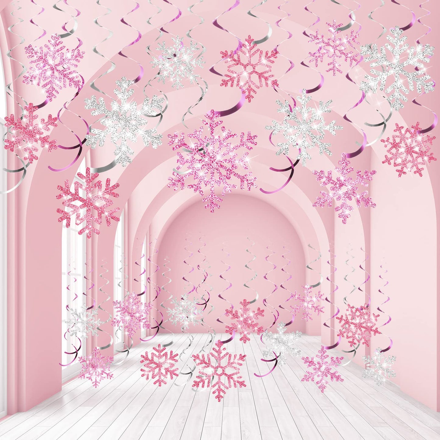 Sumind 30 Pcs Winter Party Wonderland Decorations Snowflake Hanging Swirls Ceiling Decor Winter Baby Shower Streamers Christmas Hanging Decor Holiday Birthday Wedding Party Supplies(Pink, Silver)