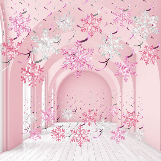 Sumind 30 Pcs Winter Party Wonderland Decorations Snowflake Hanging Swirls Ceiling Decor Winter Baby Shower Streamers Christmas Hanging Decor Holiday Birthday Wedding Party Supplies(Pink, Silver)