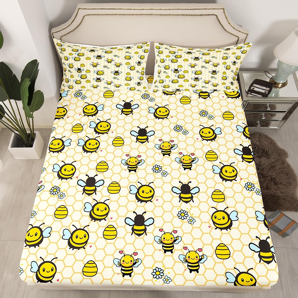 Cute Bees Sheet Set Full Size,Cartoon Bee Daisy Bed Sheets for Kids Boys Girls Child,Farmhouse Flowers Bedding Set,Geometric Honeycomb Fitted Sheet + Flat Sheet + 2 Pillowcases Bedroom Decor