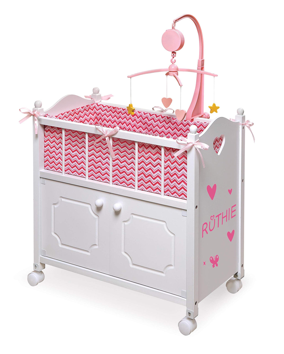 Badger Basket Wooden Toy Doll Bed with Storage, Mobile, and Bedding - Includes Wheels and Free Personalization Kit to Pretend and Play - White with Pink Chevron Fabric