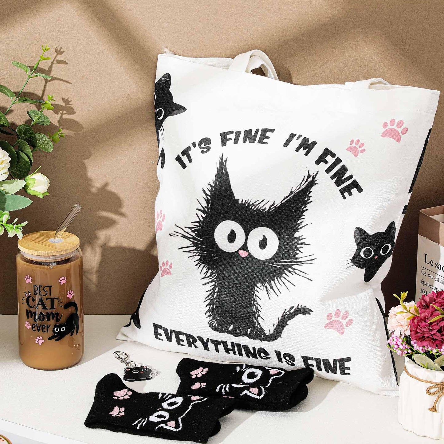 Paterr 4 Pcs Black Cat Gifts for Women, Mother's Day Black Cat Lover Gift for Mom Birthday Decorations, with Canvas Tote Bag 16oz Glass Coffee Cup with Straw Socks Cute Keychain