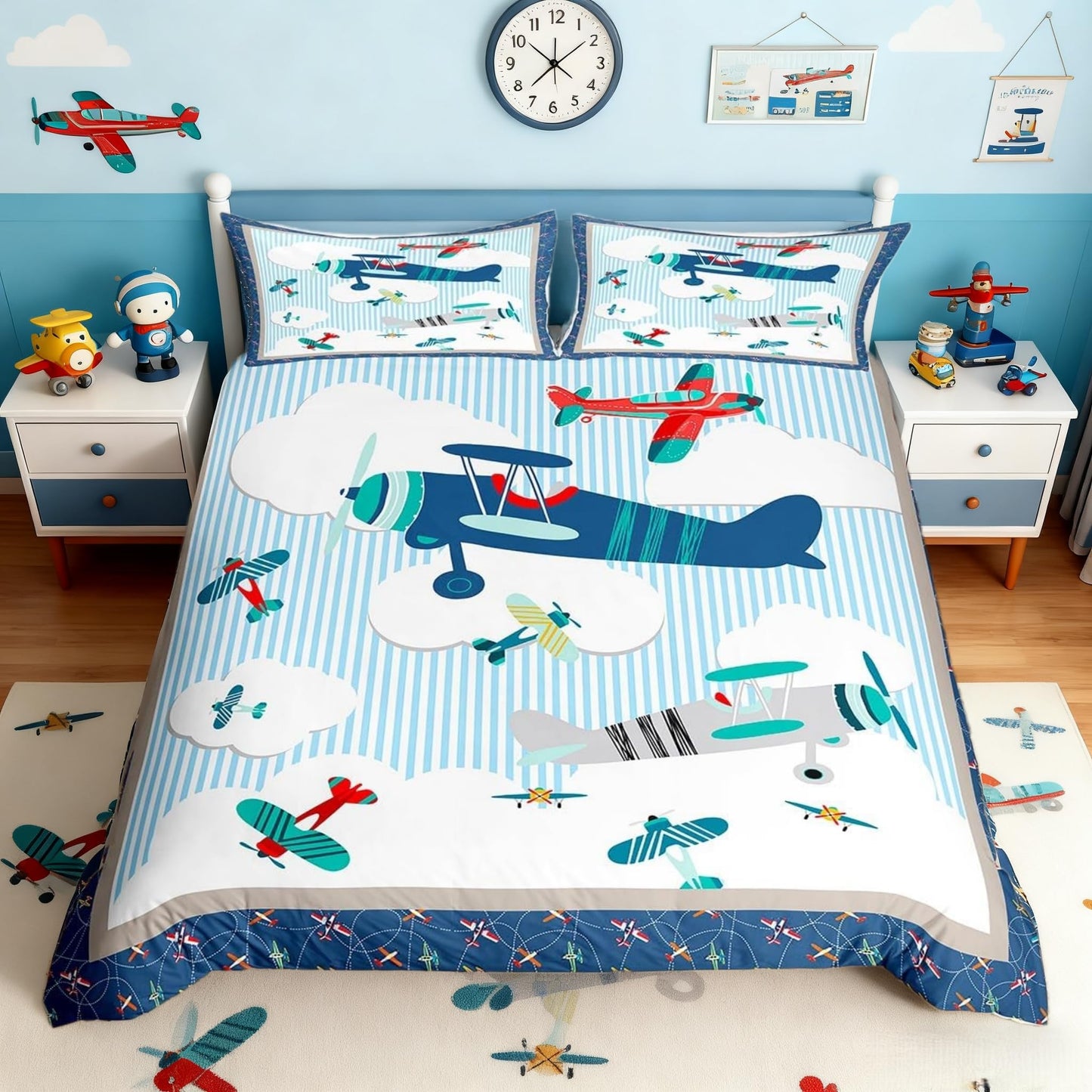 Kids Airplane Bedding Set Blue Sky and White Clouds Comforter Cover Set for Kids Teens Women Room Decor Aviation Aircraft Duvet Cover Breathable Modern Airplane Bedspread Cover Full Size(No Comforter)