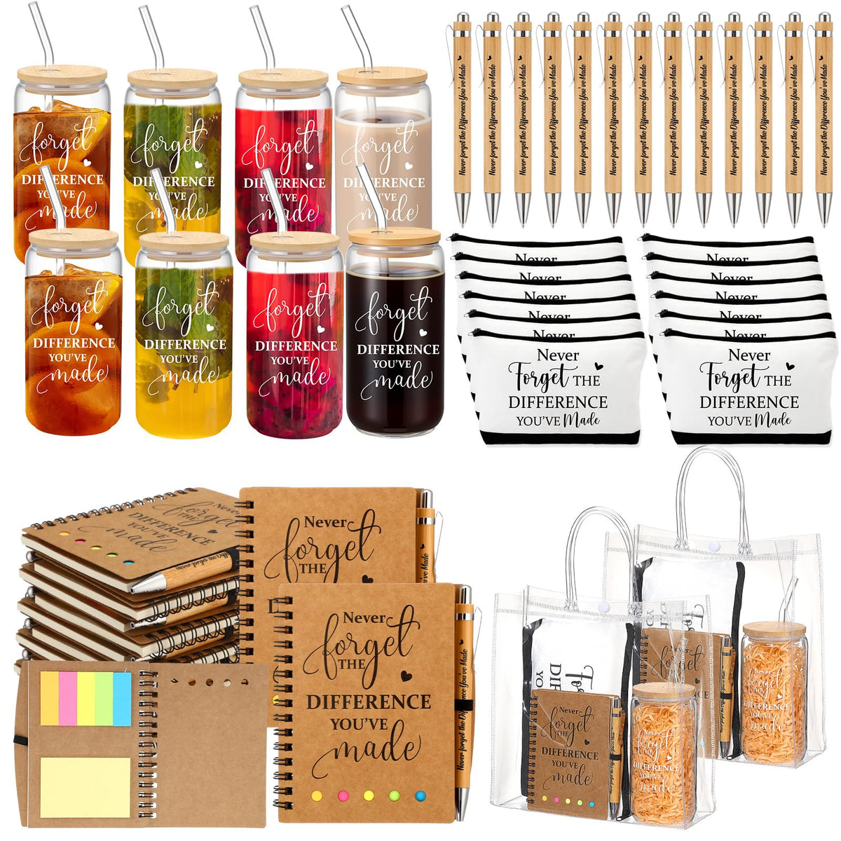 Yeyeplum 60 Pcs Employee Appreciation Gifts Bulk Inspirational Glass Cup Makeup Bag Bamboo Pen Motivational Notebook and Bag for Volunteer Lab Week Teachers Nurses Office Staff (Never Forget)