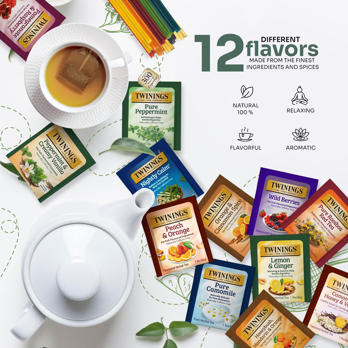 Twinings 48 Tea Bags Herbal Variety Pack – 12 Caffeine-Free Flavors + 20 Honey Sticks, Relaxing Herbal Tea Gift Set for Tea Lovers, Bedtime & Daily Wellness