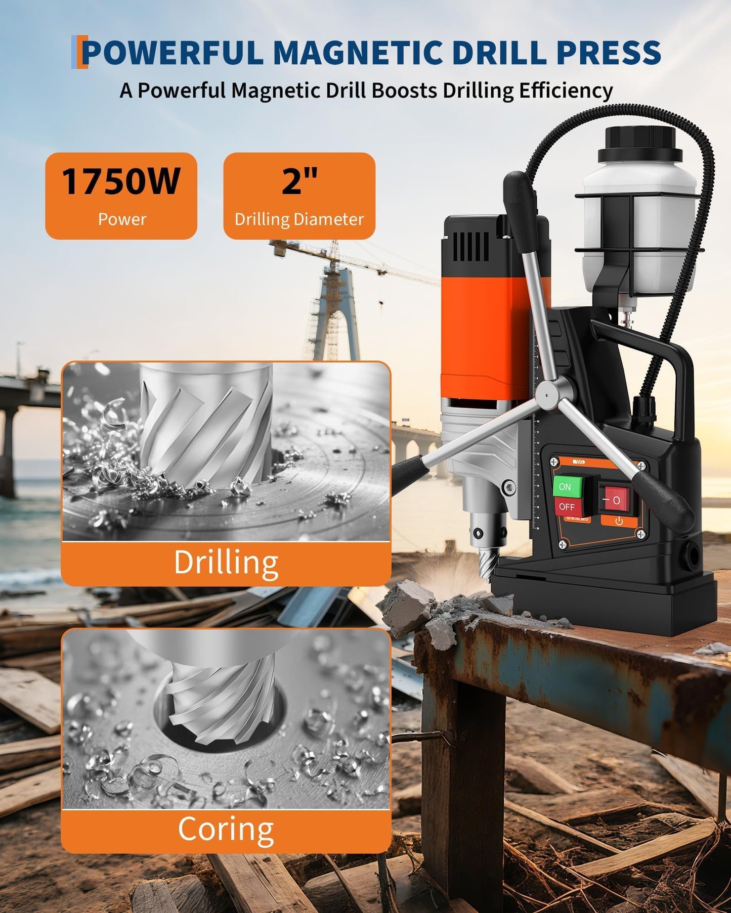 Mag Drill Press, 1750W 2 in Boring Diameter, 2922lbf Power Magnetic Drill, 810 RPM Portable Electric Drilling Machine for Metal Surface, Industrial & Home Improvement