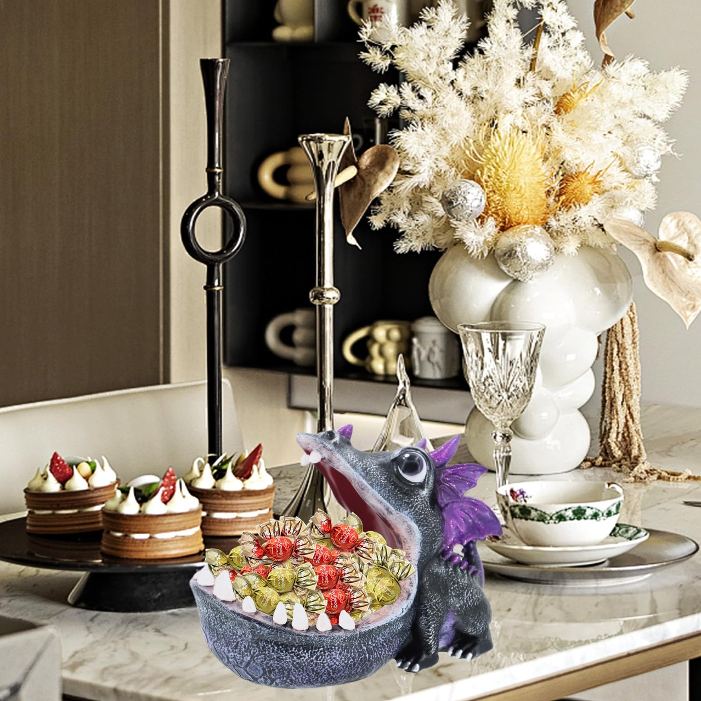 MOYI Candy Bowl Christmas Decoration Dinosaur Candy Dish, Home Decor Key Bowl for Entryway Table Office Desk, Unique Statue Fun Key Bowls Sculpture Art Decor Container Storage Box for Living Room