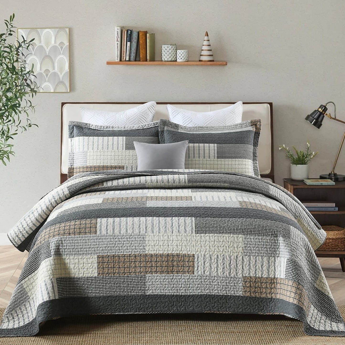 Y-PLWOMEN Queen Quilt Set 100% Cotton Lightweight Quilts Queen Size, Cozy Farmhouse Striped Stitch Home Decor Bedding, Rustic Quilted Bedspread Set for All Season, 3-Pieces