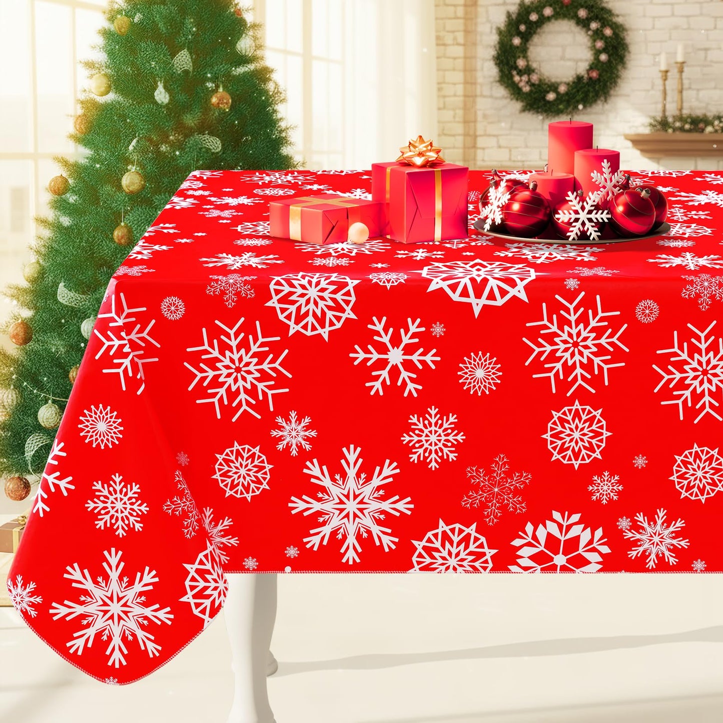 Smiry Christmas Rectangle Table Cloth, Waterproof Vinyl Tablecloth with Flannel Backing, Wipeable Snowflake Plastic Tablecloths for Christmas Table Decorations, (60"x102", Christmas Red)