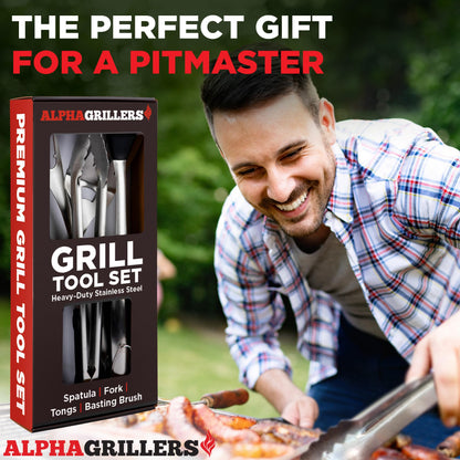Alpha Grillers Grill Set Heavy Duty BBQ Accessories - BBQ Tool Set 4pc Grill Accessories with Spatula, Fork, Brush & BBQ Tongs - Gifts for Dad Durable, Stainless Steel Grill Tools