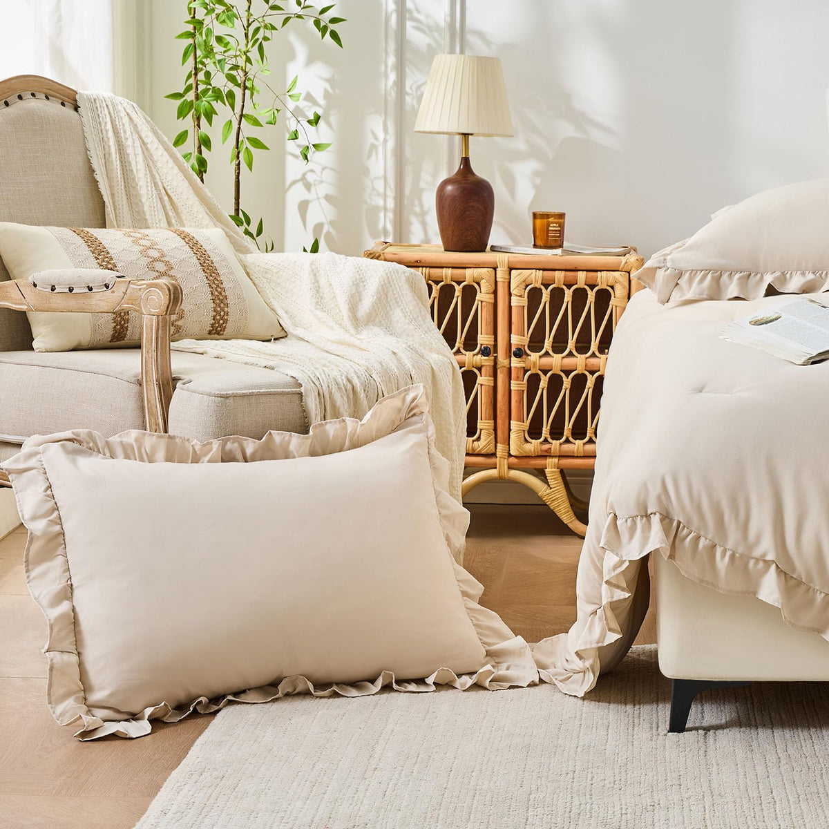 FUANNA Queen Comforter Set Oatmeal, 3 Pieces Ruffle Queen Bed Set, Fluffy Bed in a Bag Queen for All Seasons, Shabby Chic Bedding Comforter Sets with 1 Lightweight Comforter & 2 Pillowshams
