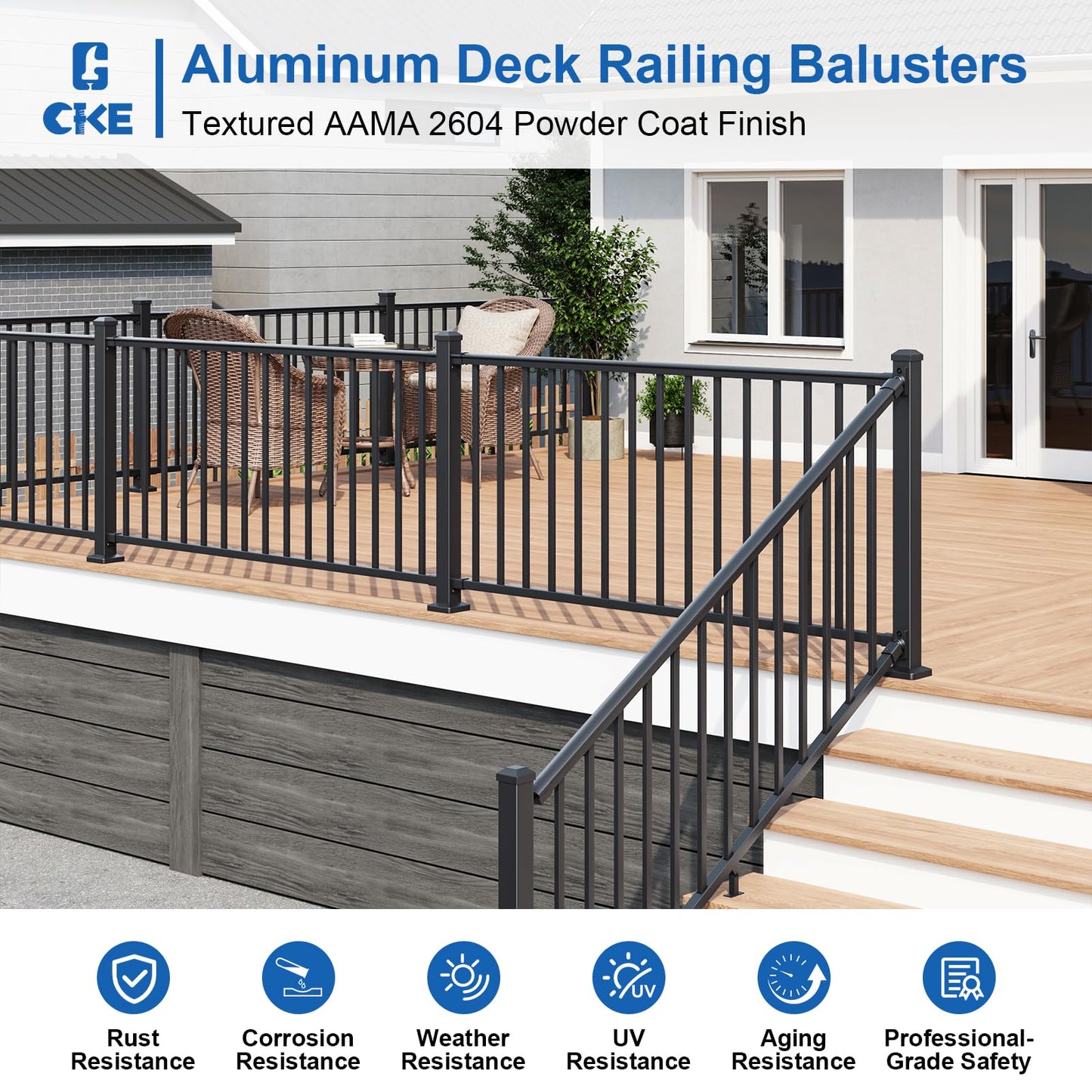 CKE 36 in. H x 6 ft. W Porch and Deck Railing Kit with Post, Aluminum Stair Railing Kit Outdoor, AAMA 2604 Textured Matte Black Stair Railing System for Decks, Porches & Balconies(2 Post, 2 Panel)