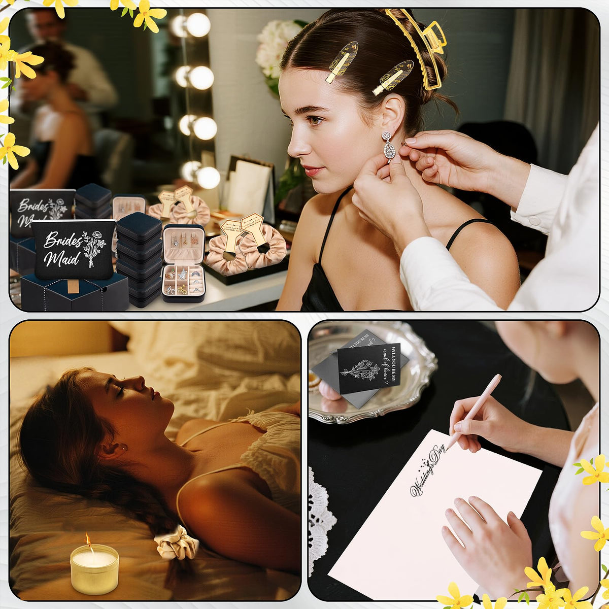 CITYCHALET 73Pcs Bridesmaid Gifts Set of 6 Black,Maid of Honor Proposal Gift Boxes Set,Cosmetic Bag Scented Candle Jewelry Box Metal Hair Clip Knot Bracelet Bachelorette Party Bridal Shower