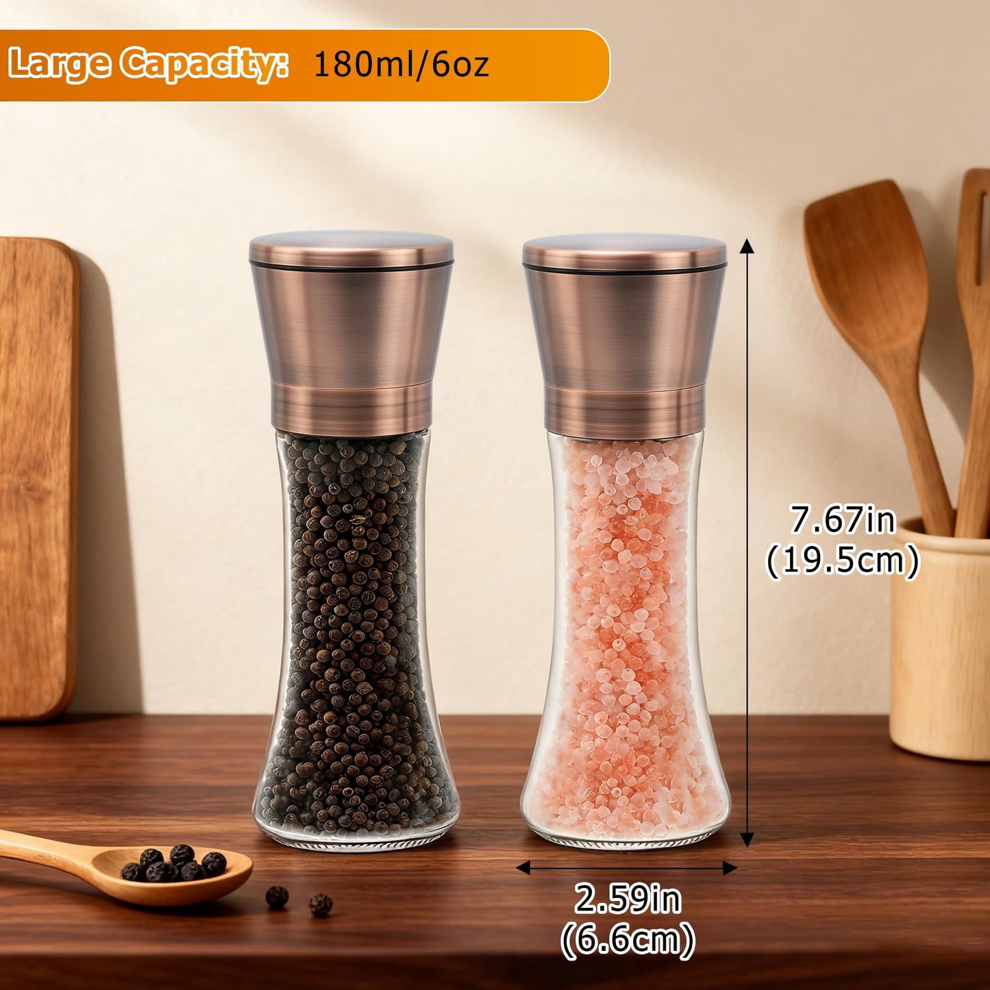R DRURLCD Copper Salt and Pepper Grinder Set of 2，Refillable Adjustable Coarseness Stainless Steel, Pepper Mills W/Funnel for Kitchen